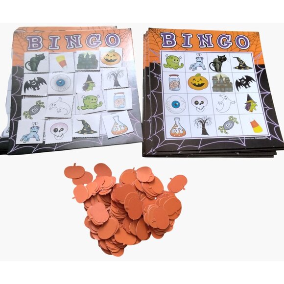Halloween Bingo Game Party 16 Player Boards Orange Pumpkin Markers - Picture 2 of 6